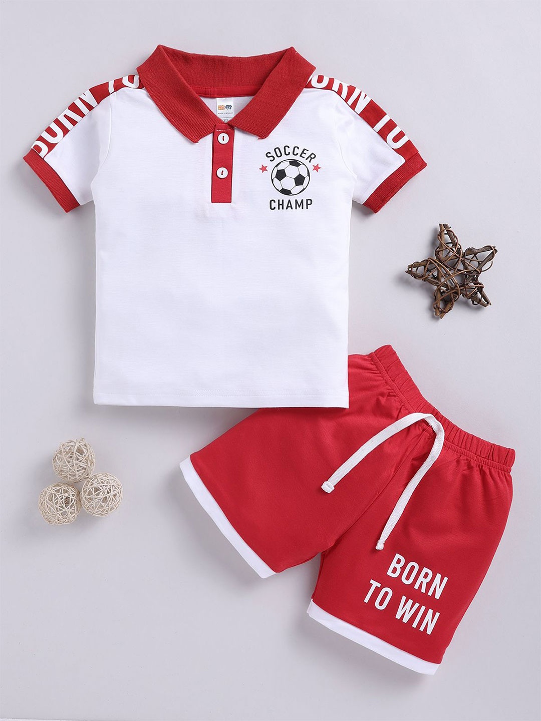 

LITTLE NINJA Boys Printed Polo Collar Pure Cotton T-Shirt With Shorts, Red