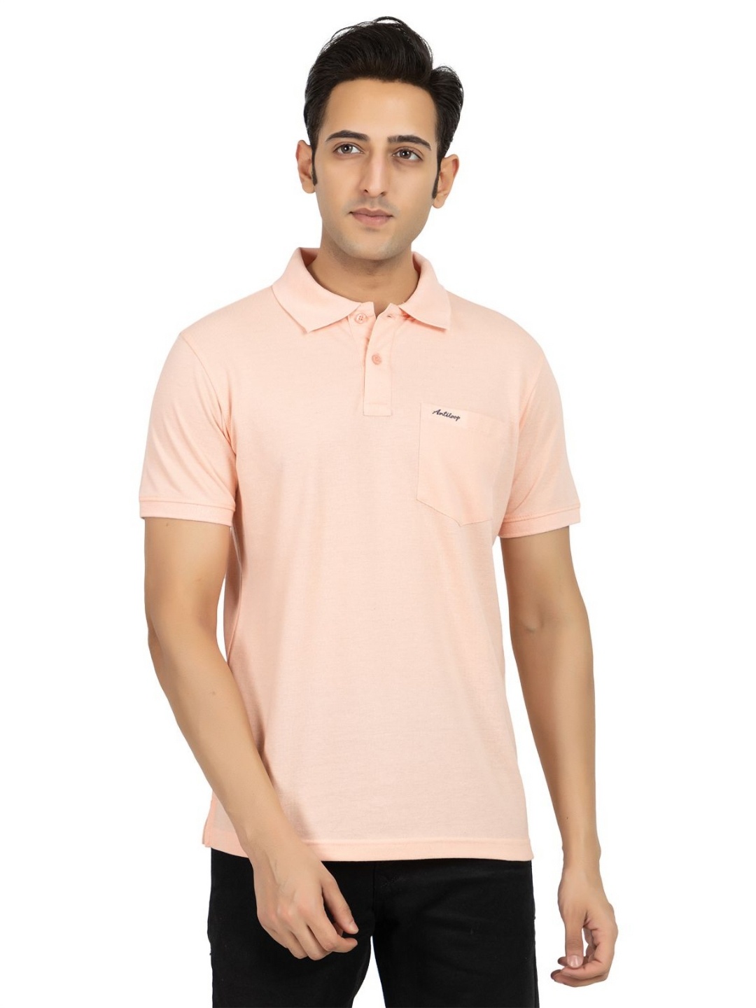 

Antiloop Men Solid Polo Collar Cotton T-shirt, Peach