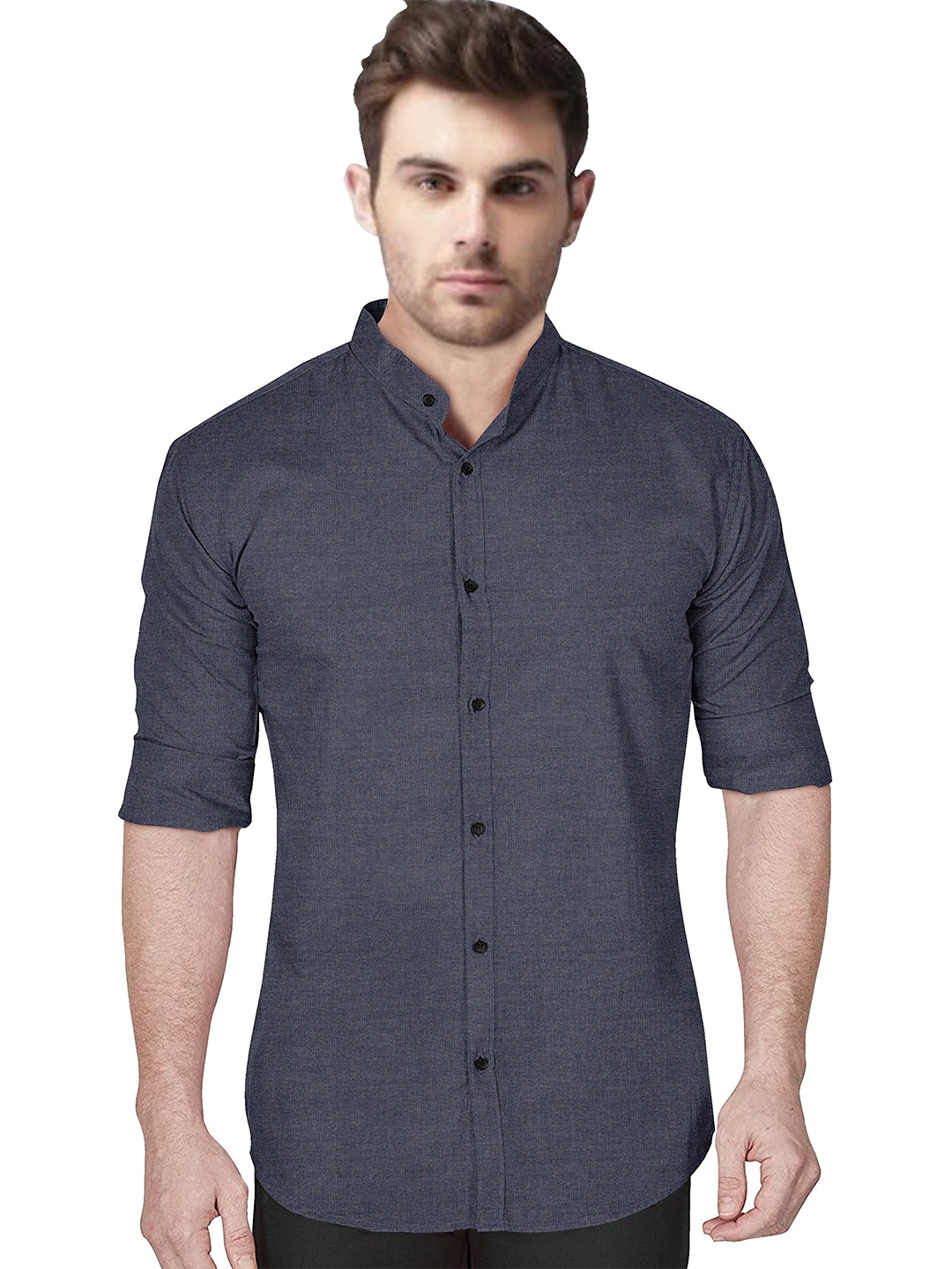 

Metronaut Men Regular Fit Band Collar Solid Cotton Casual Shirt, Grey melange