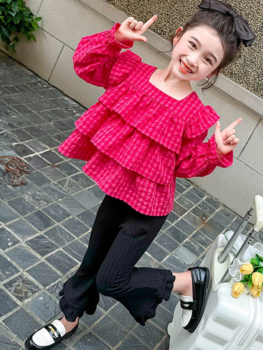 

LULU & SKY Girls Checked Top with Trousers, Pink