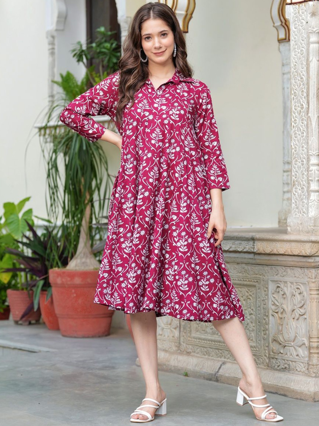 

Jollity Women Floral Printed Fit & Flare Dress, Maroon