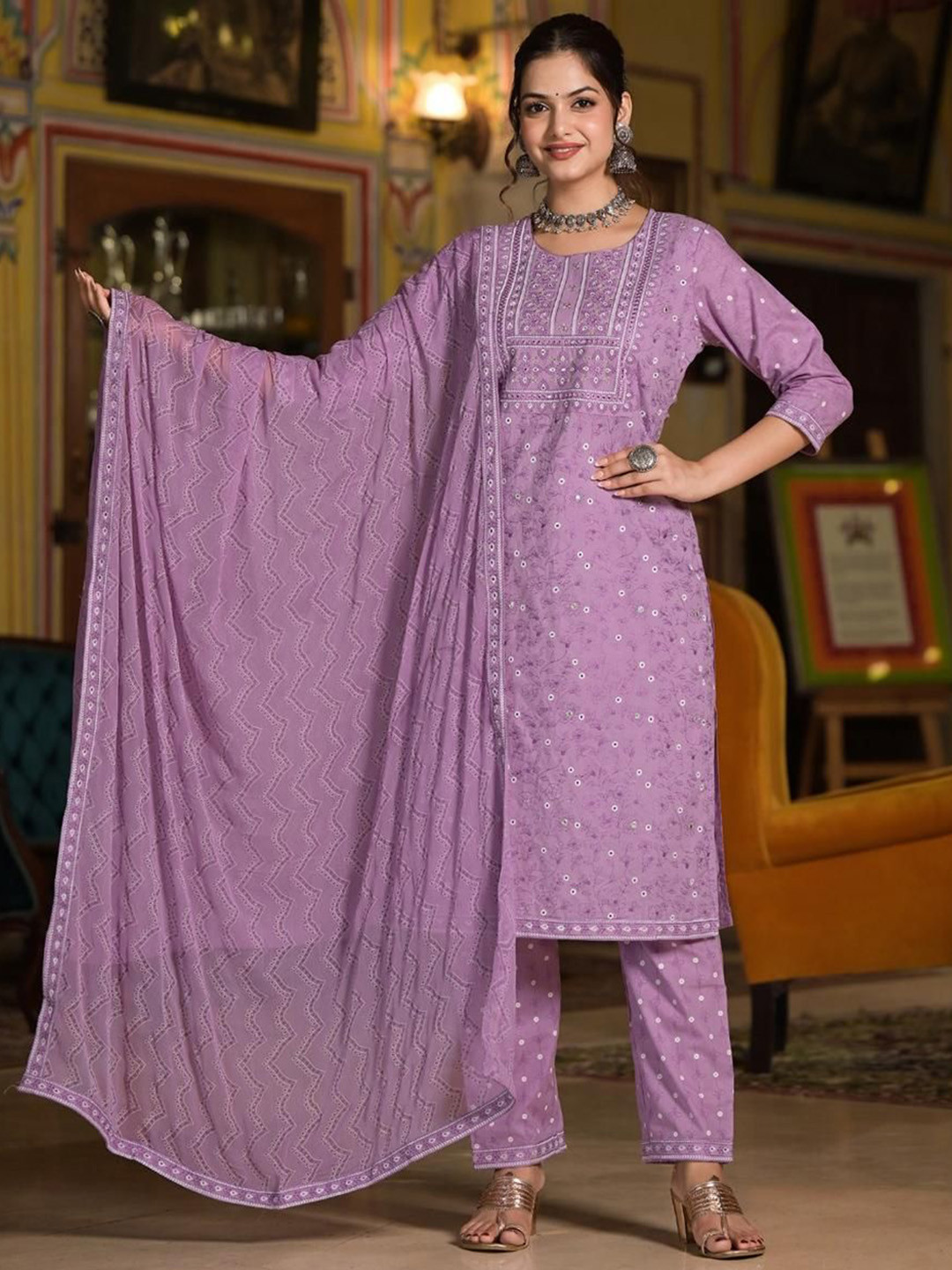 

Gauric creation Floral Printed Embroidered Thread Work Kurta With Trousers And Dupatta, Lavender