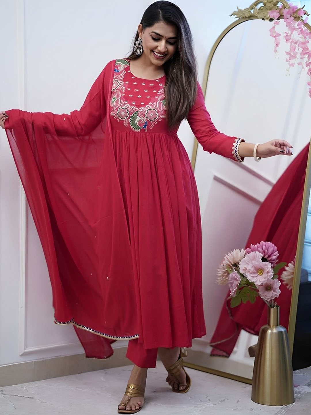 

Vintro Floral Embroidered Anarkali Thread Work Kurta With Trousers And Dupatta, Red