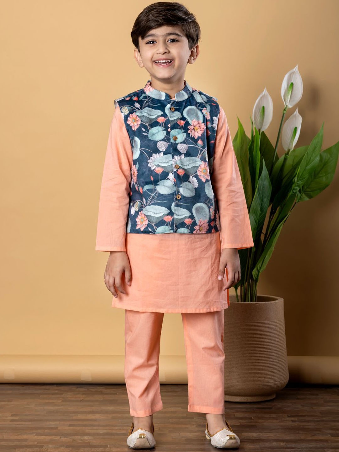

Readiprint Boys Mandarin Collar Pure Cotton Kurta With Pyjamas & Nehru Jacket, Peach