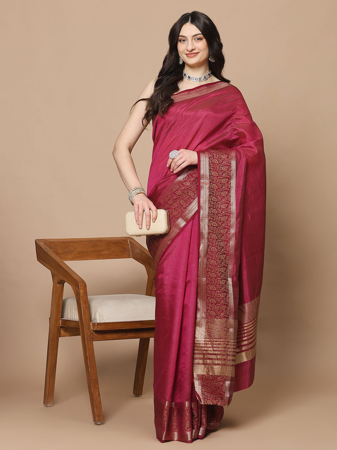 

Meena Bazaar Zari Art Silk Saree, Burgundy