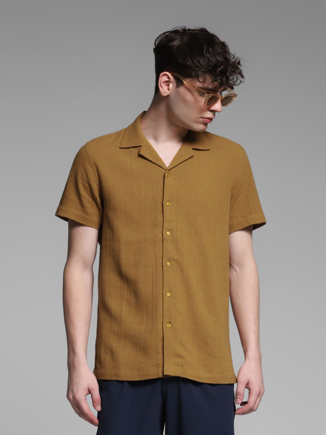 

Jack & Jones Men Cuban Collar Textured Cotton Casual Shirt, Mustard