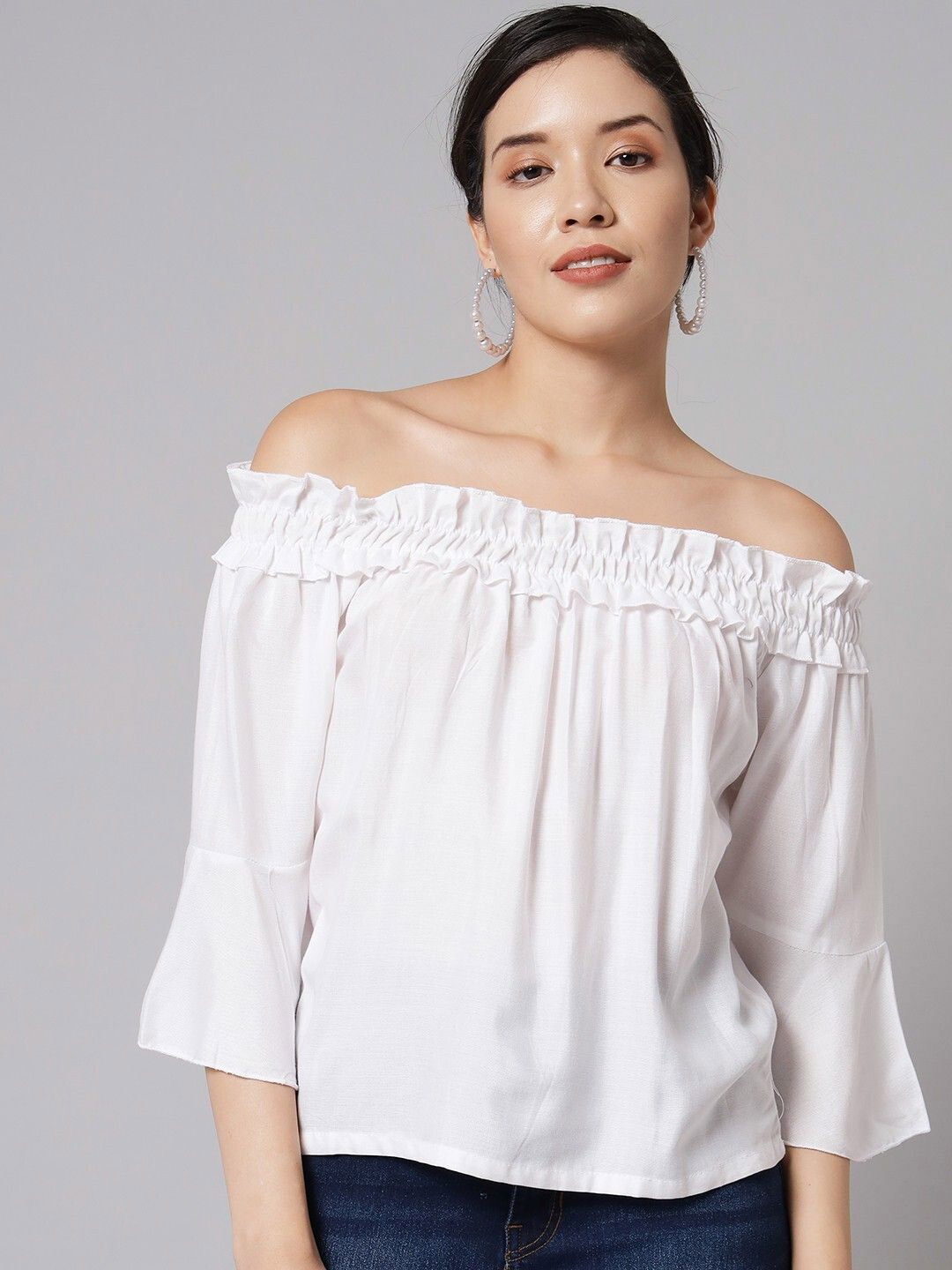 

WESTCHIC Off-Shoulder Bell Sleeve Crepe Crop Top, White