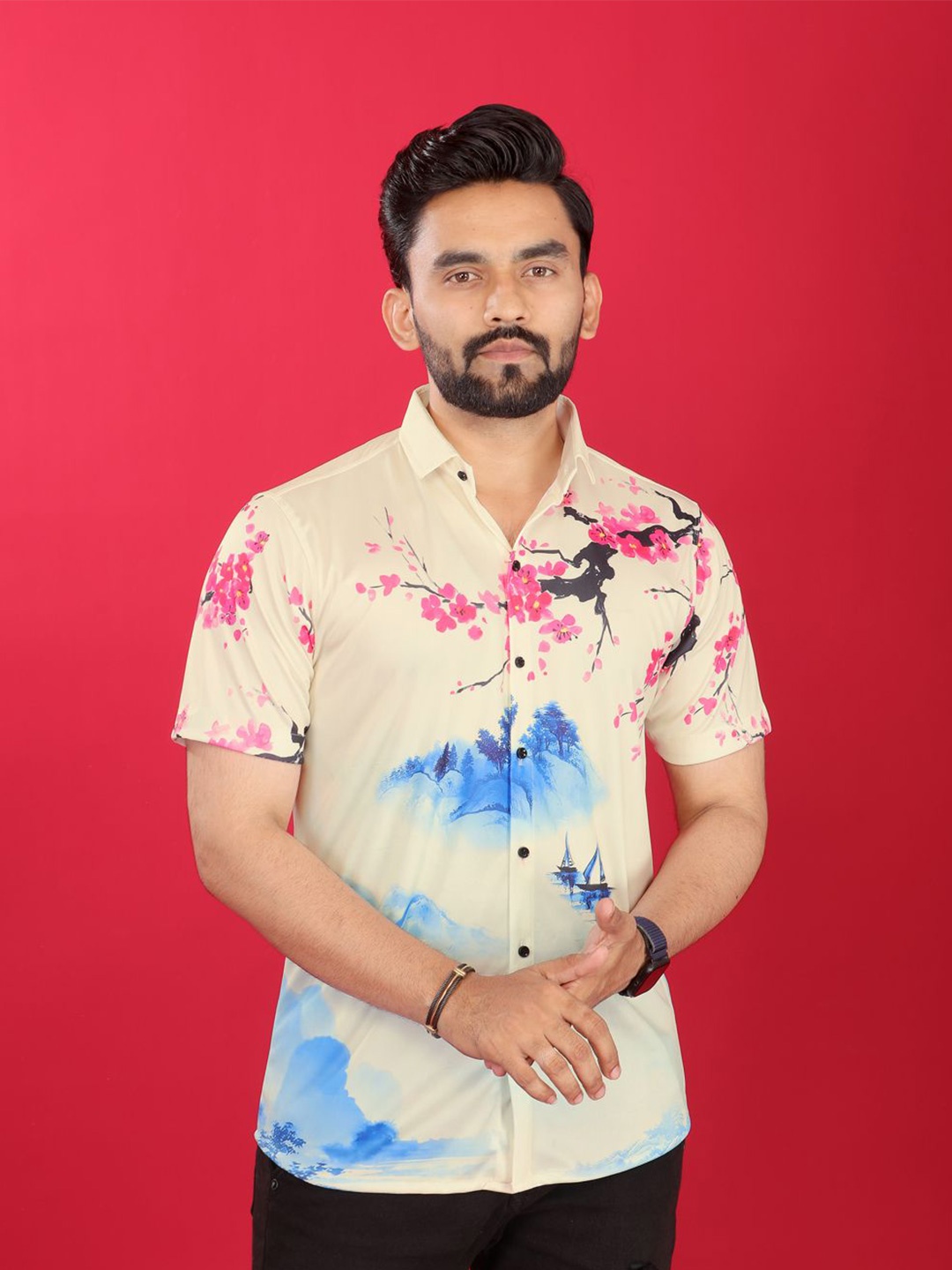

Metronaut Men Standard Regular Fit Spread Collar Floral Printed Elastane Casual Shirt, Cream