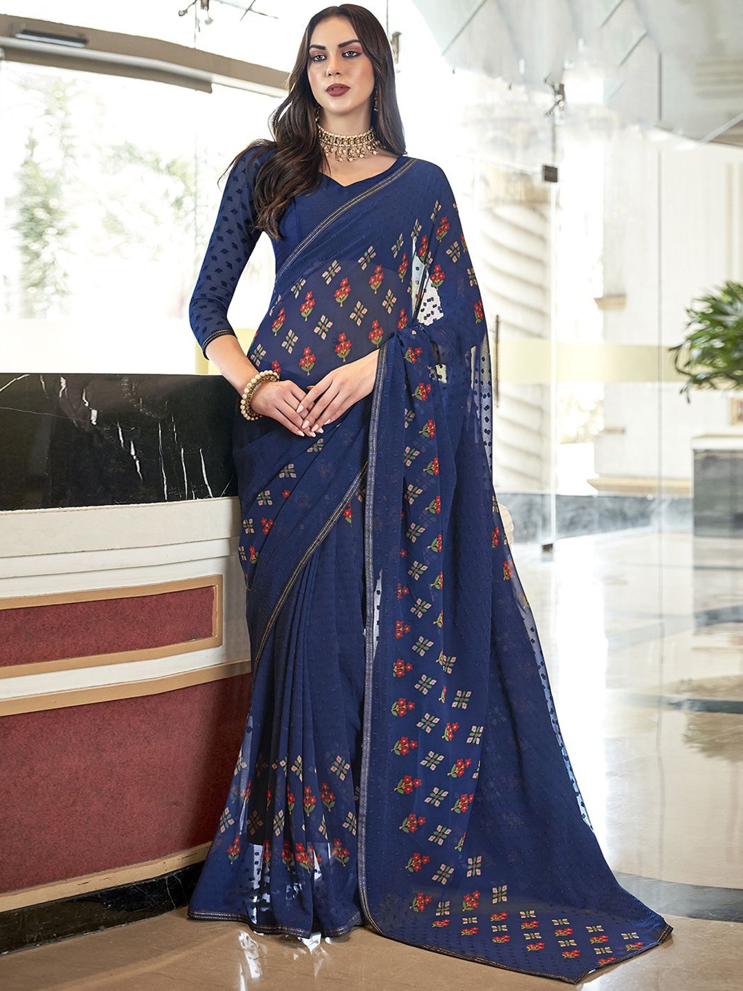 

DIVASTRI Georgette Printed Saree With Unstitched Blouse Piece, Blue