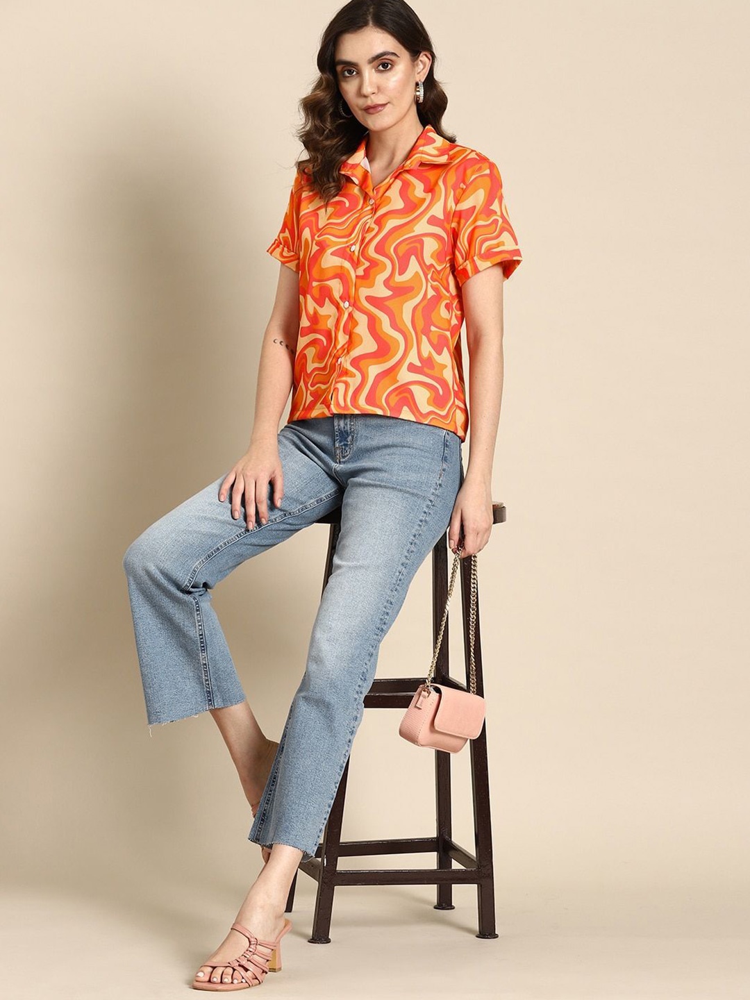

DressBerry Women Spread Collar Abstract Printed Casual Shirt, Orange