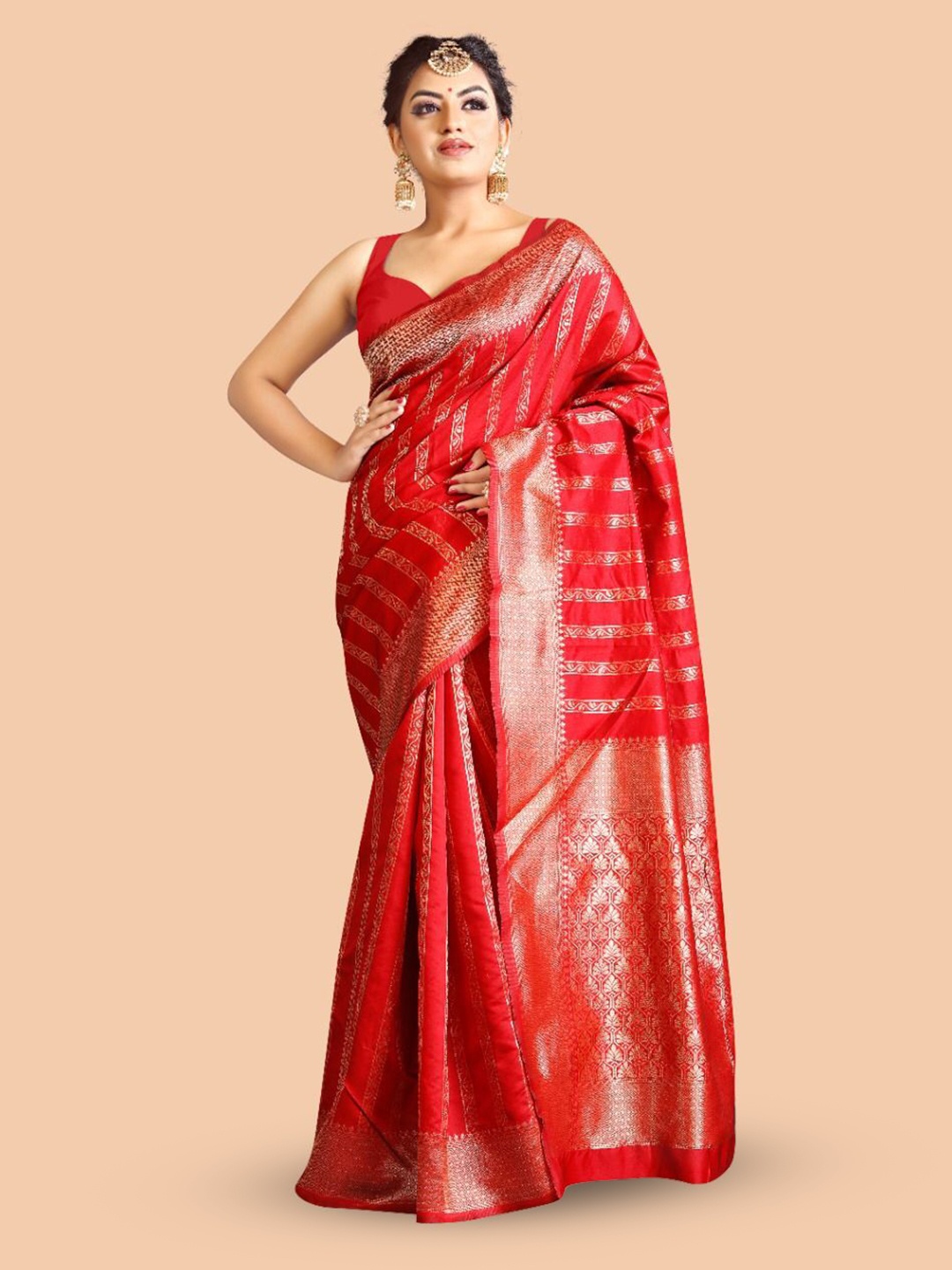 

APNISHA Woven Design Zari Pure Silk Banarasi Saree, Red