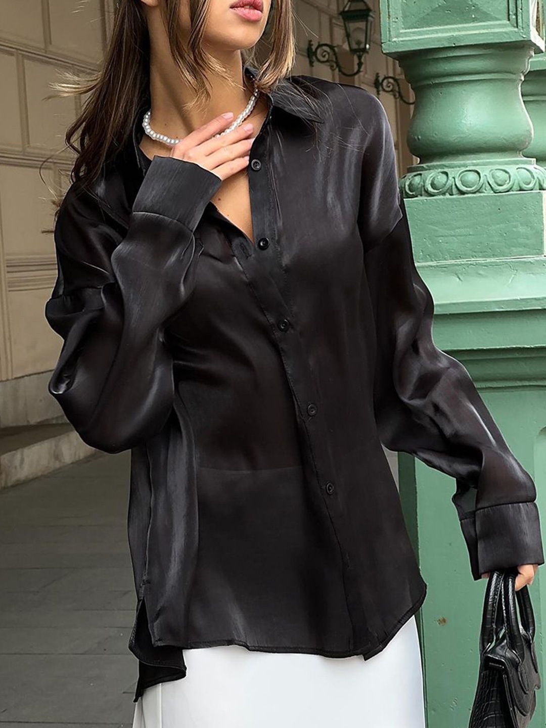 

MIAKEE Women Semi Sheer Casual Shirt with High Low hem, Black