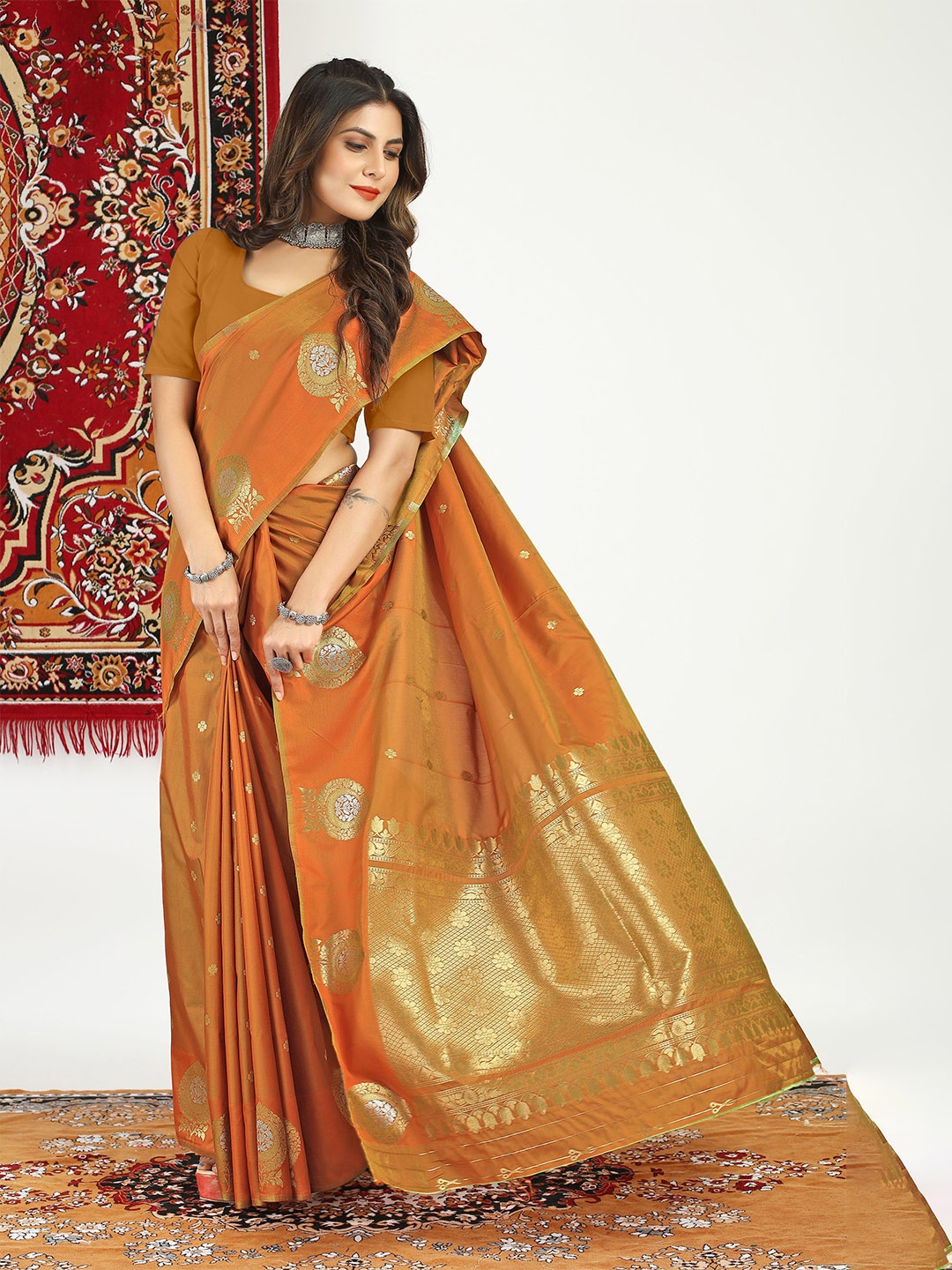 

Kandora Women Woven Design Zari Pure Silk Banarasi Saree With Unstitched Blouse Piece, Orange