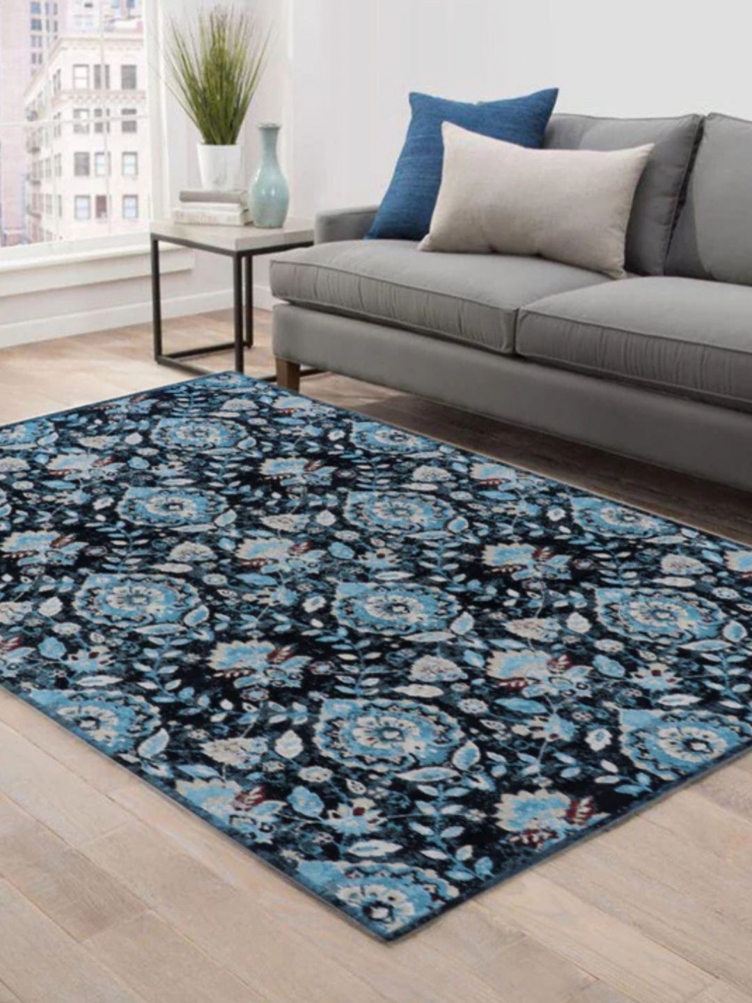 

WAXWINGO Blue Floral Cotton Carpet