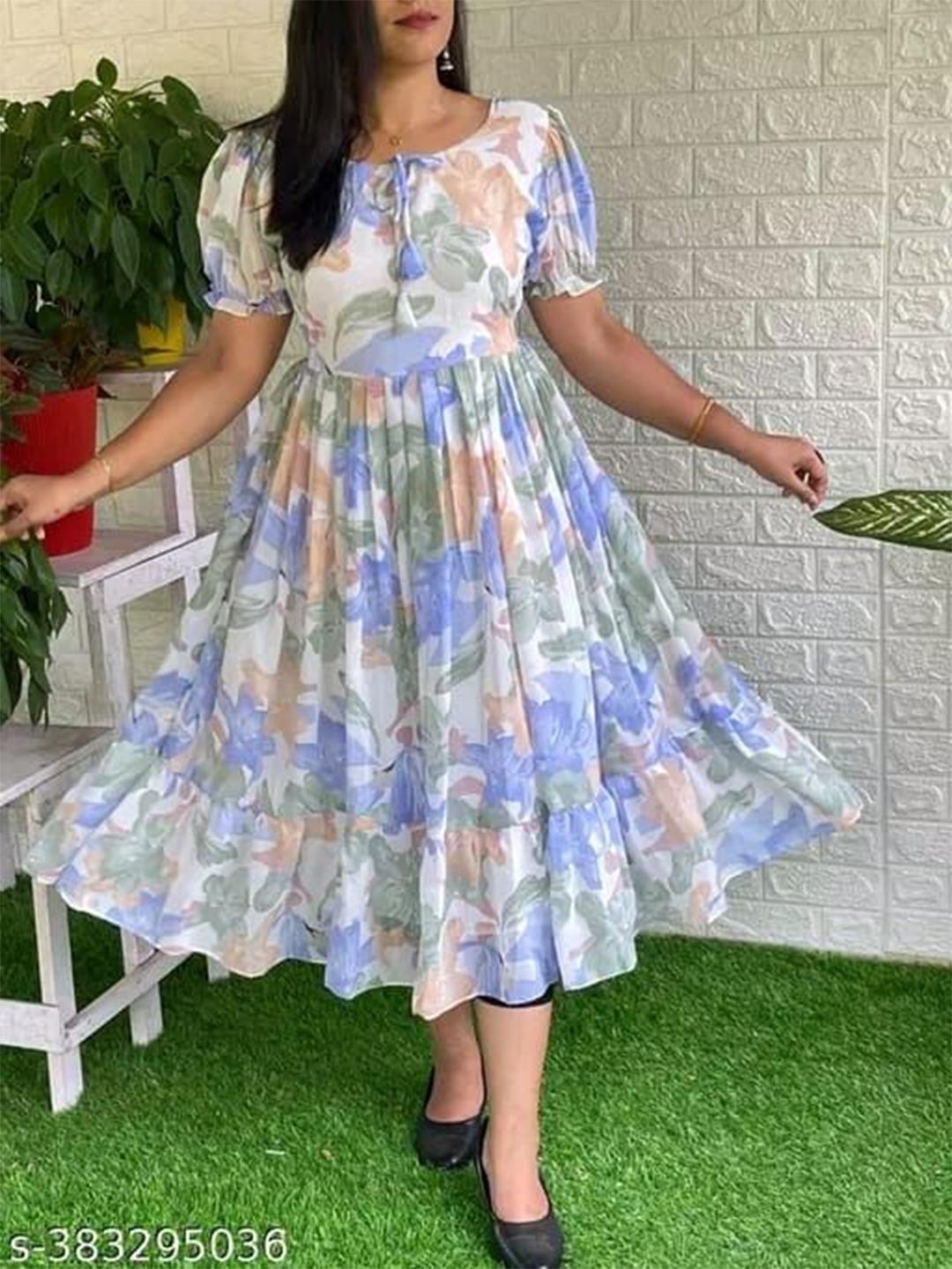 

JKP Collection Floral Print Georgette Fit & Flare Puff Sleeve Midi Dress, Blue