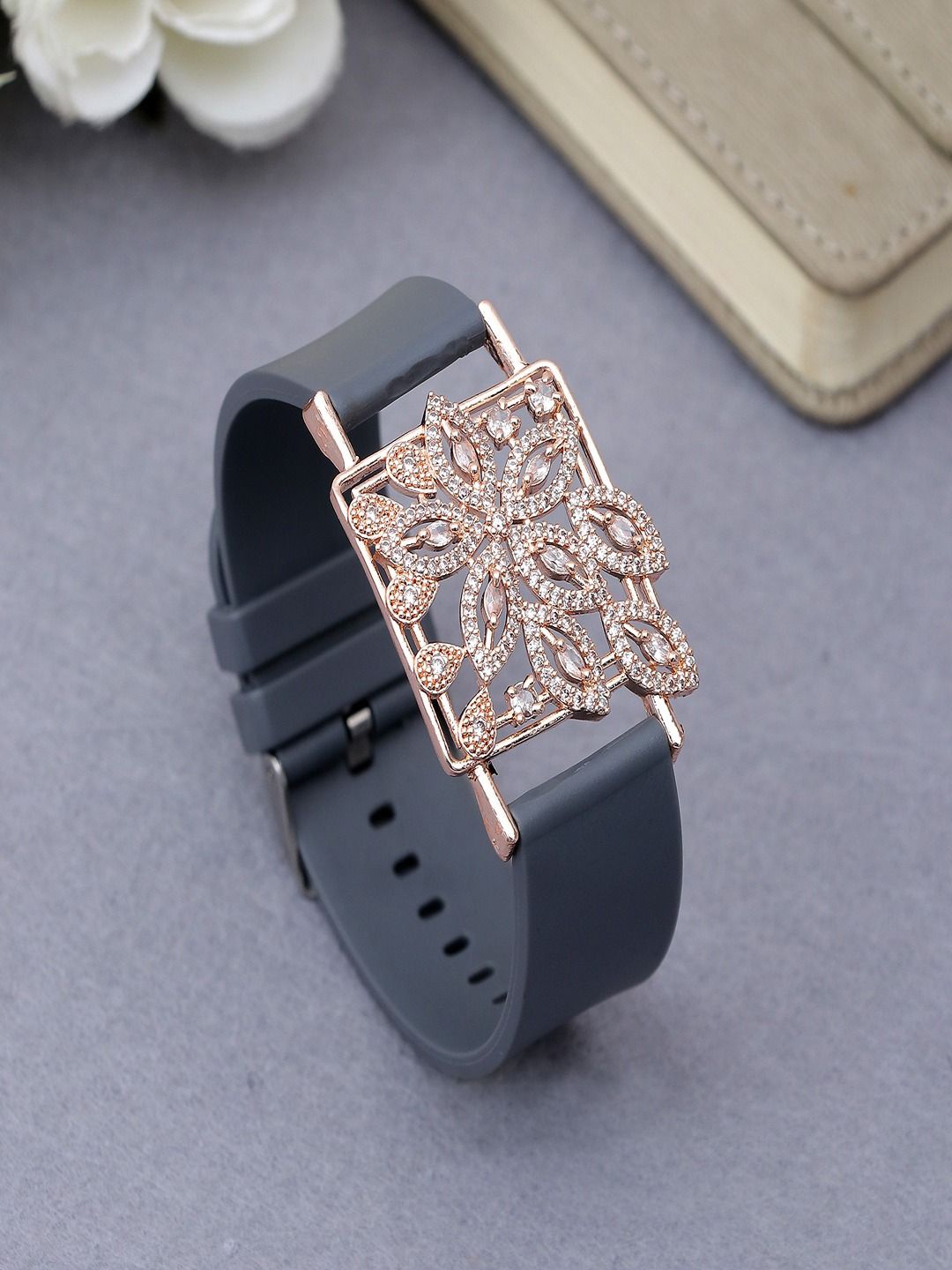 

DressBerry Rose Gold-Plated American Diamond Studded Floral Leather Wraparound Bracelet