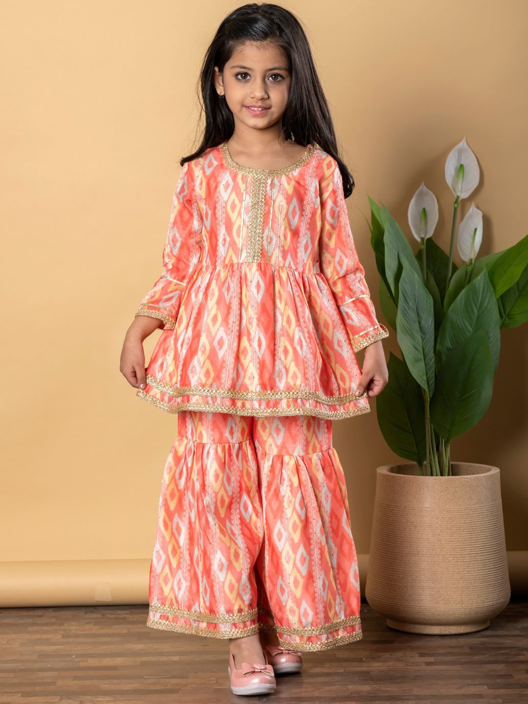 

Readiprint Girls Ethnic Motifs Printed Chanderi Cotton Anarkali Kurti & Sharara, Peach