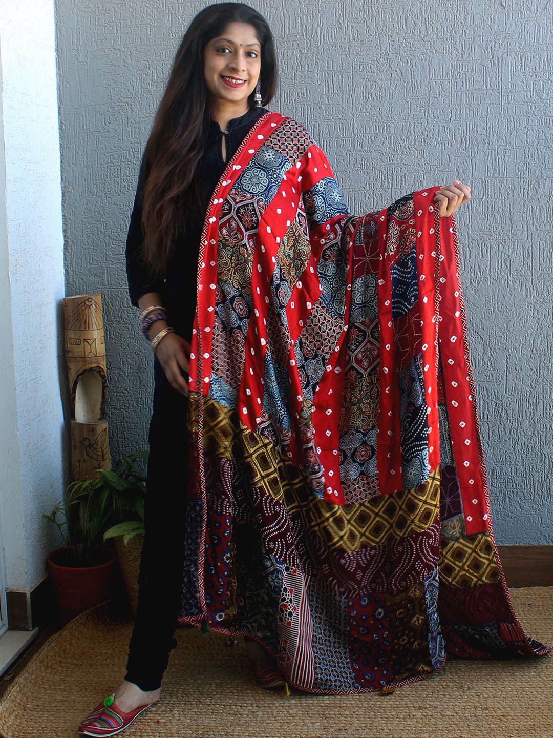 

Weaves of Tradition Ethnic Motifs Block Printed Modal Silk Dupatta With Patchwork, Red