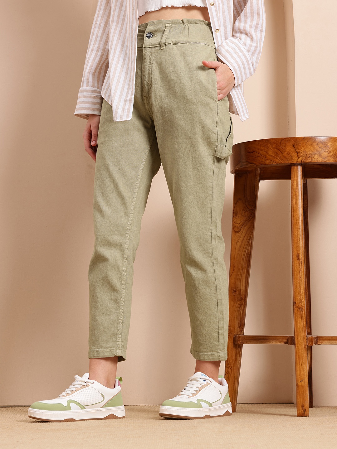 

Mast & Harbour Women Stretchable Mom Fit Jeans, Olive