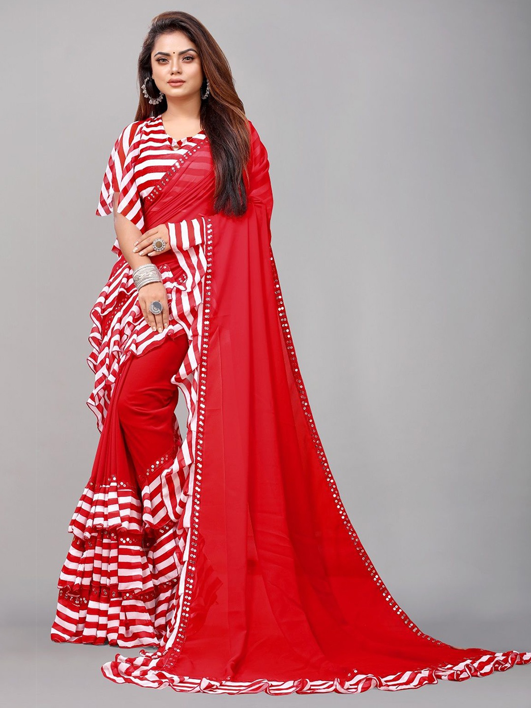 

Moda Rapido Leheriya Mirror Work Pure Georgette Leheriya Saree, Red