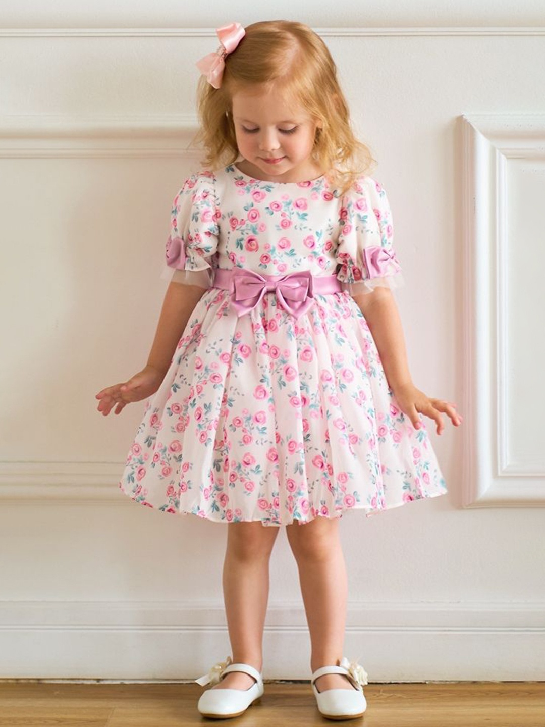 

LULU & SKY Girls Floral Printed Bow Detail Fit & Flare Dress, Pink