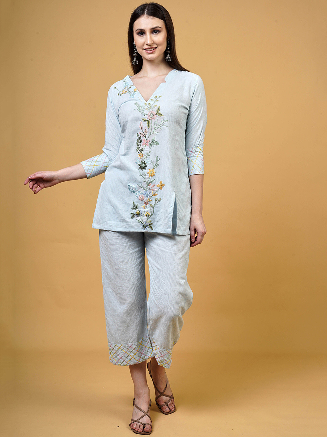 

SRIHA Floral Embroidered V-Neck Organic Cotton Tunic With Trousers, Blue
