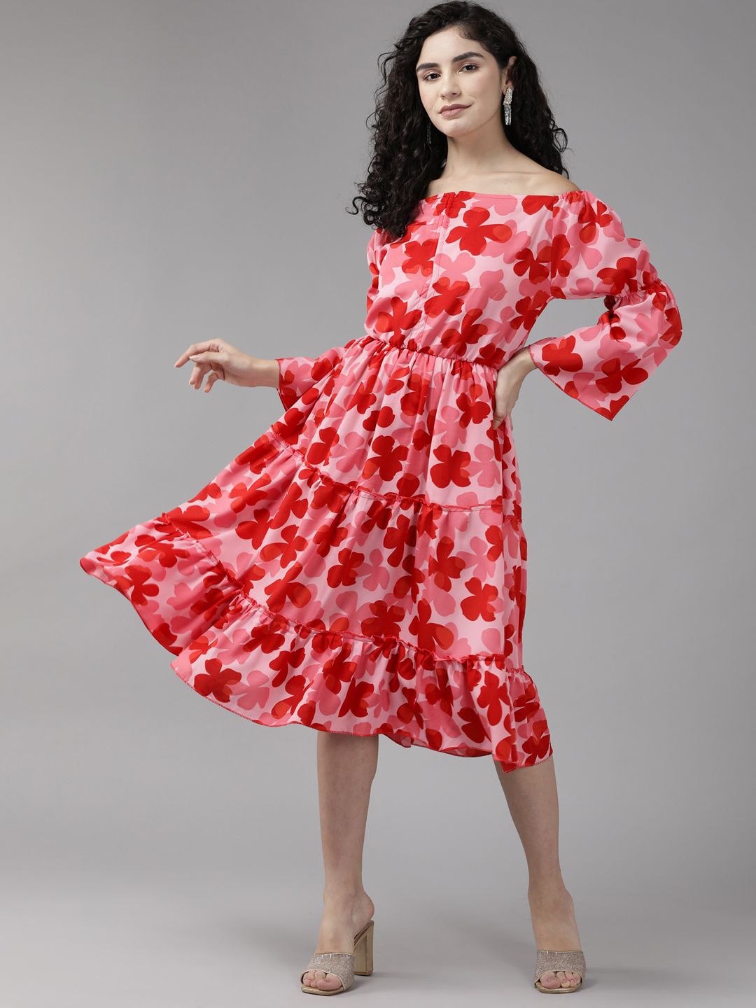 

CORSICA Floral Printed Puff Sleeve Georgette Fit & Flare Midi Dress, Red