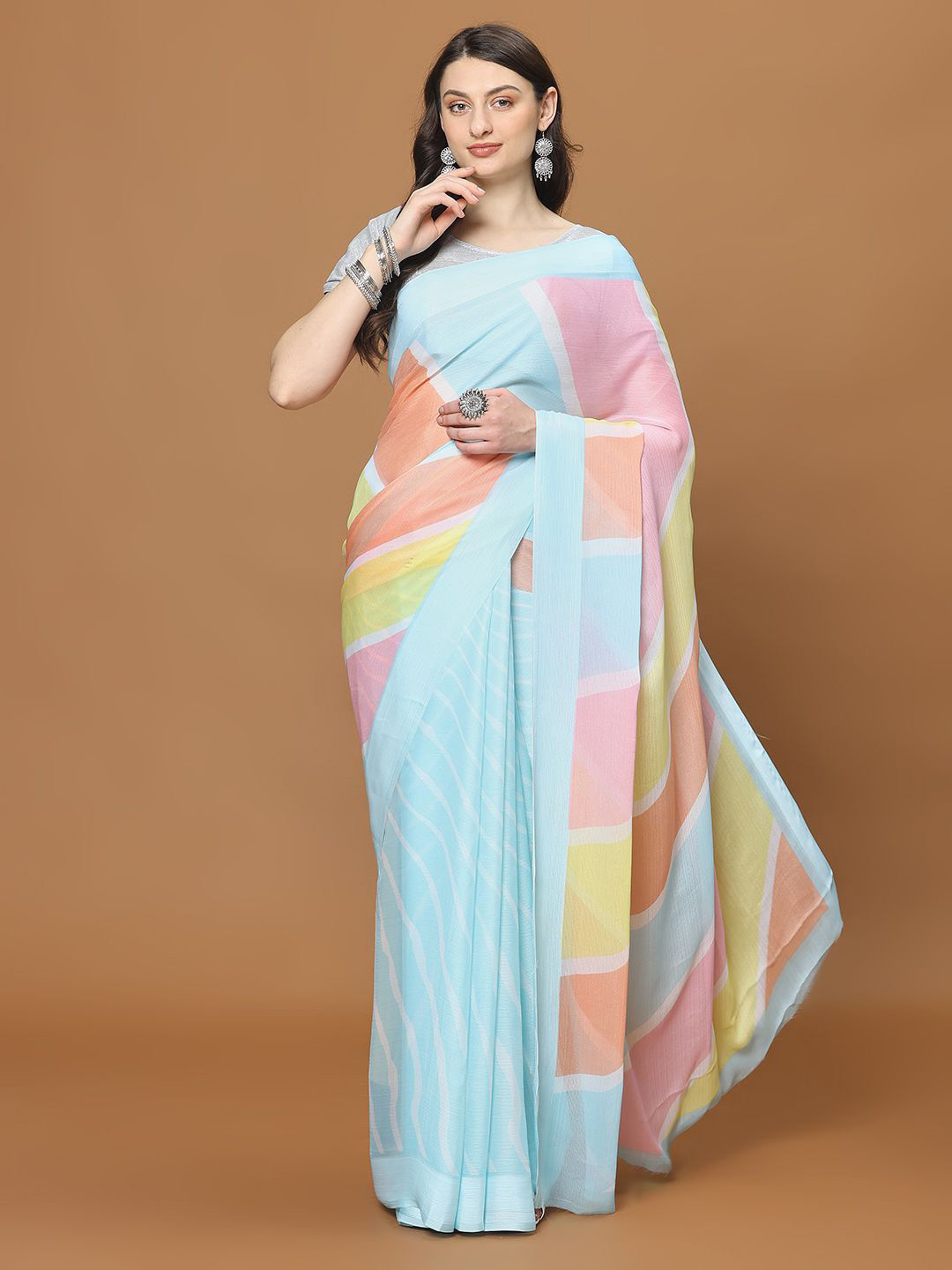 

Meena Bazaar Poly Chiffon Saree, Blue