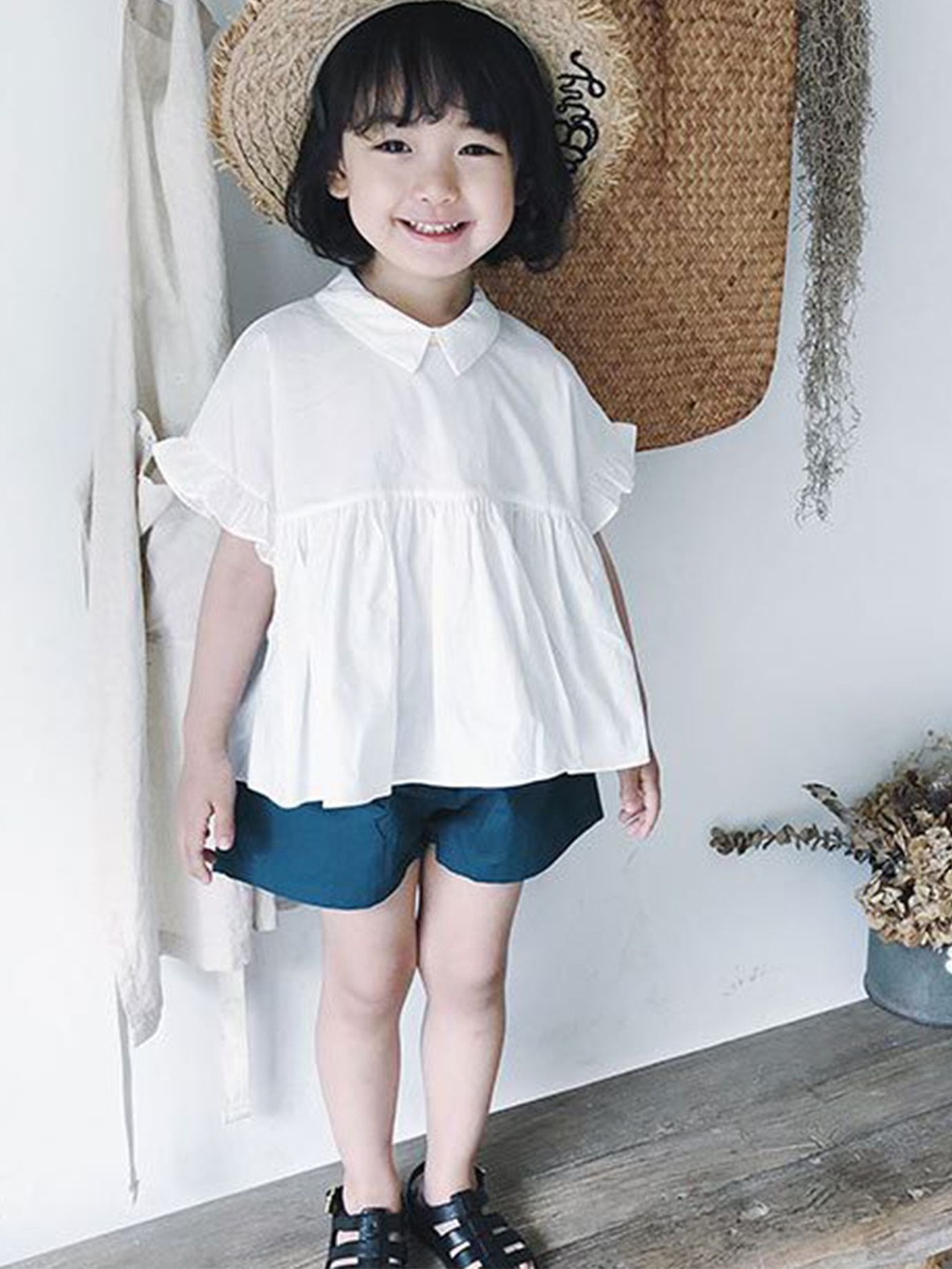 

LULU & SKY Girls Shirt Collar Pure Top With Shorts, White