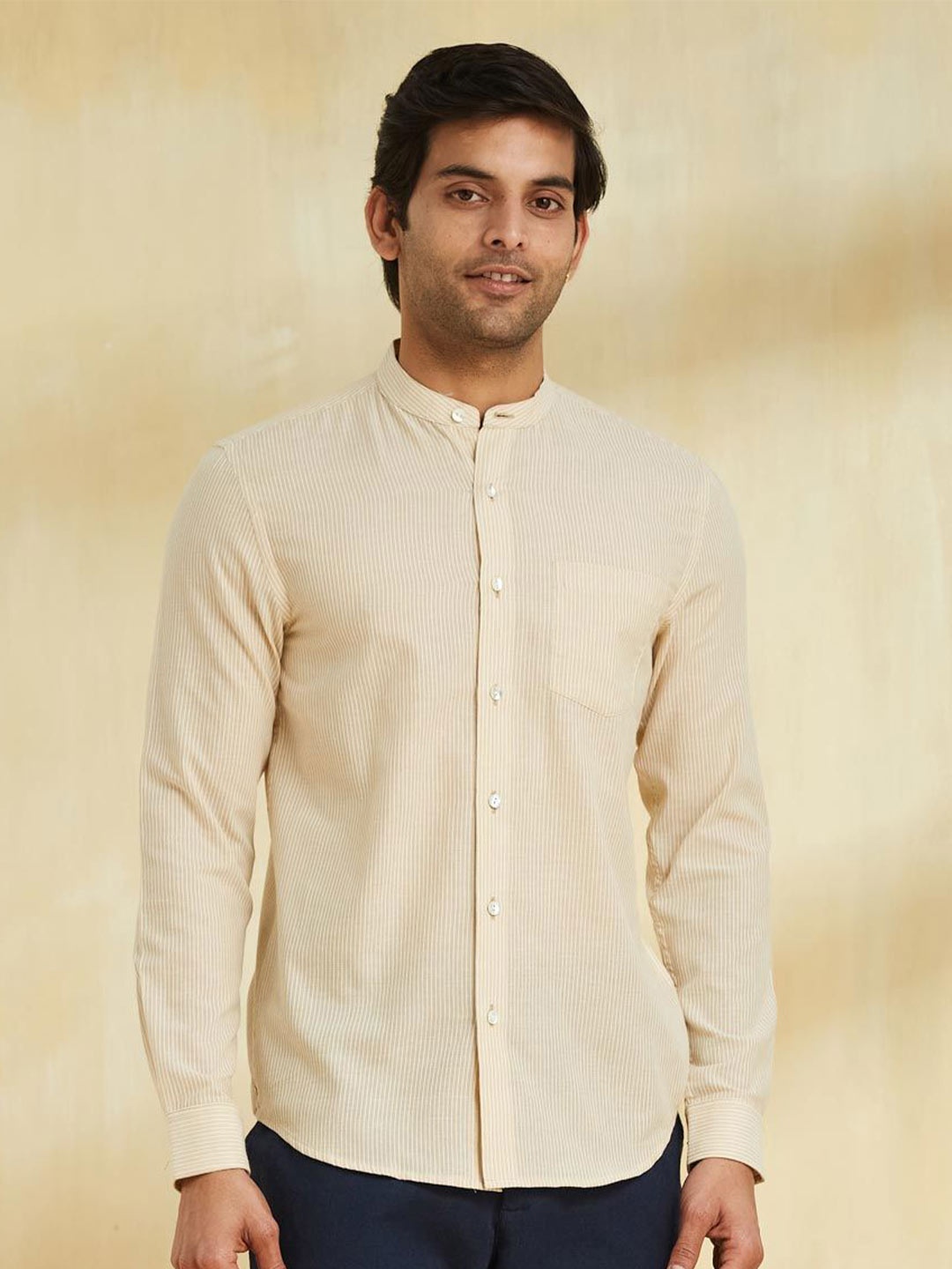

Fabindia Men Regular Fit Band Collar Vertical Striped Cotton Casual Shirt, Beige