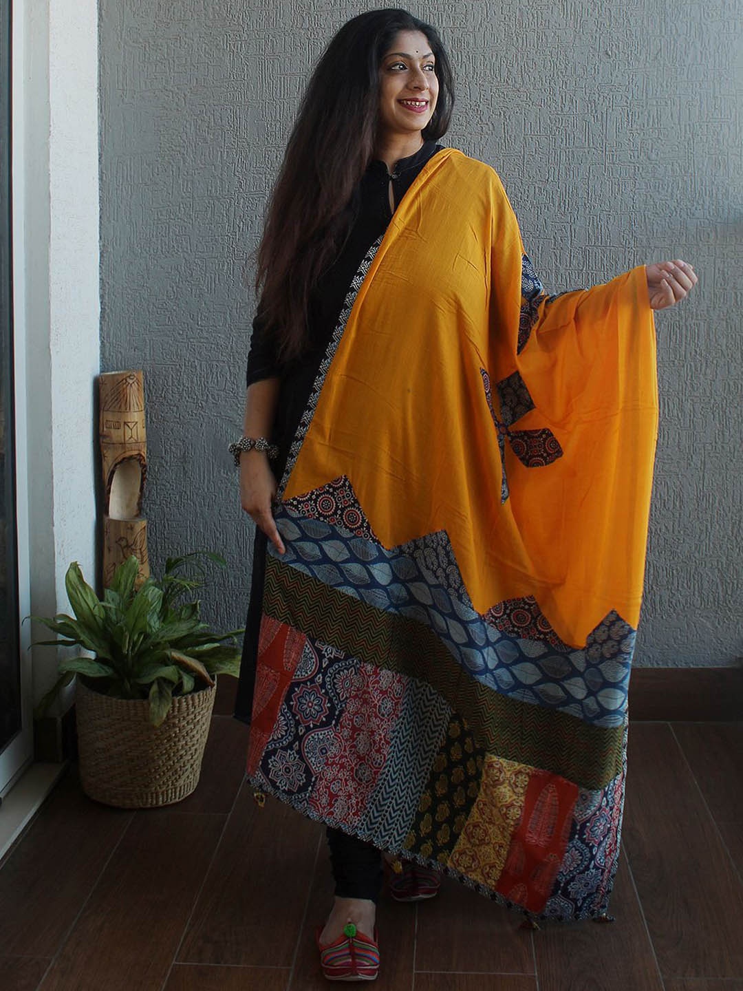 

Weaves of Tradition Ethnic Motifs Block Printed Pure Cotton Dupatta With Patchwork, Orange