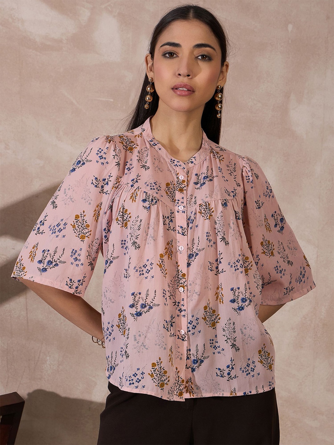 

all about you Women Floral Printed Mandarin Collar Top, Peach