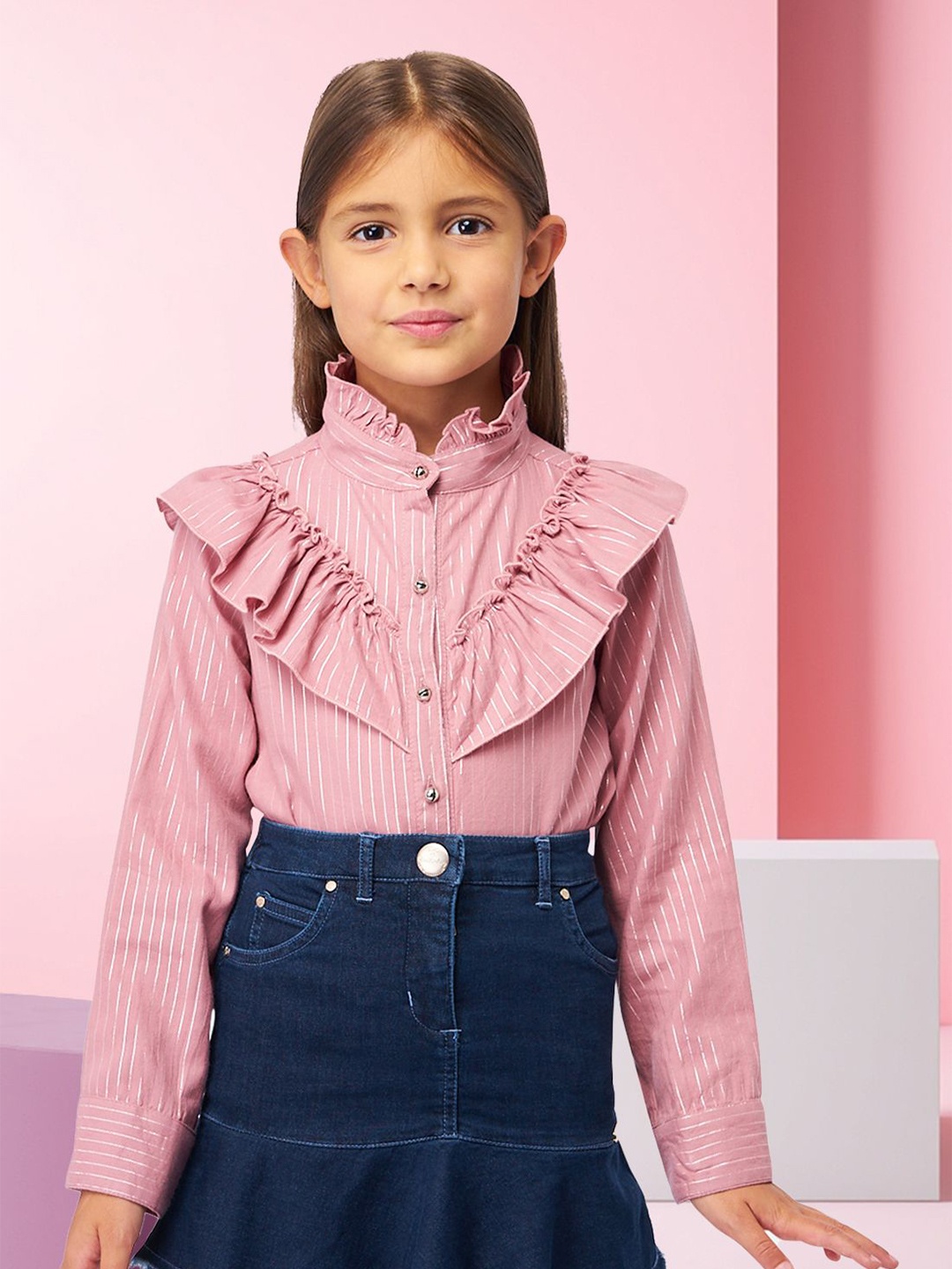 

FOREVER FRIDAY Girls Vertical Striped High Neck Ruffles Top, Pink