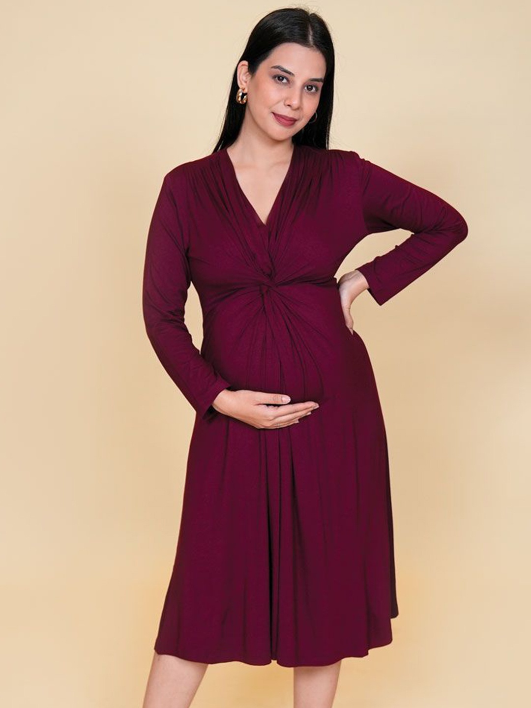 

Block Hop Women Wine Knotted Wrap Dress, Burgundy