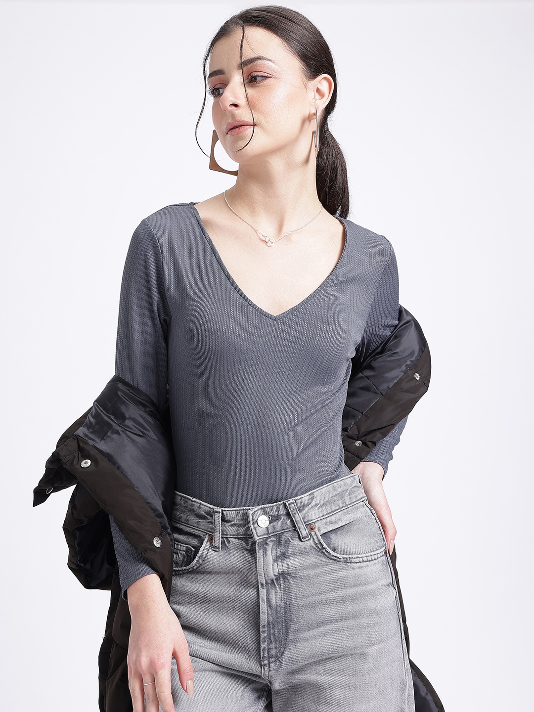 

glitchez Chic & Cheery Self-Design Slim Fit Bodysuit, Charcoal