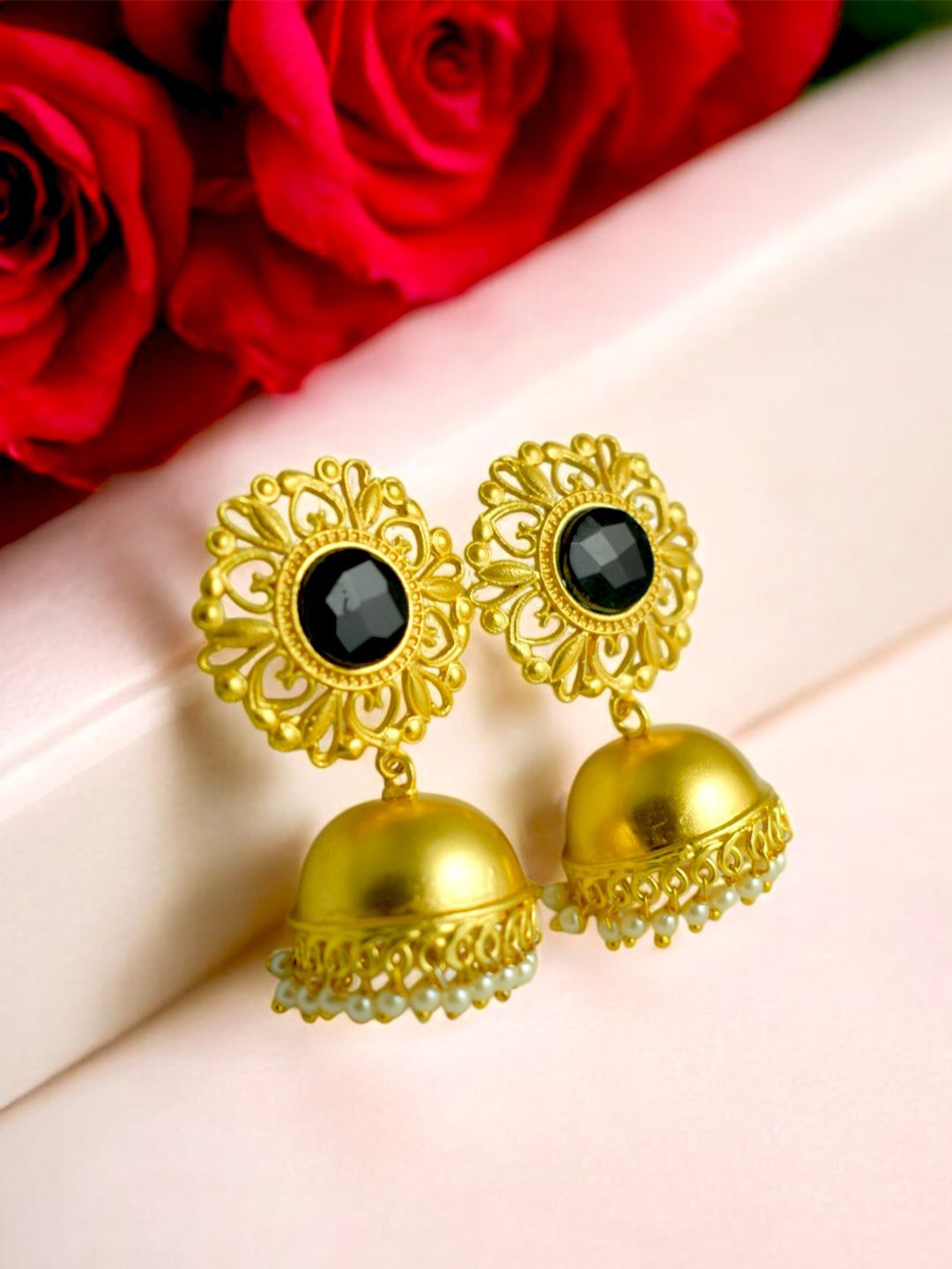 

TISHUL JEWELS Gold-Plated Artificial Stones- Studded Classic Jhumkas