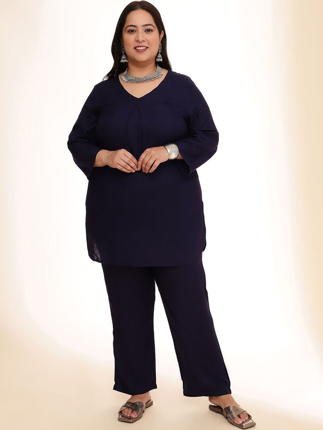 

DressBerry Curve Blue V-Neck Plus Size Top With Trouser