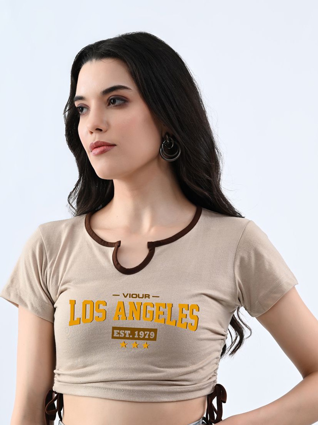 

Moda Rapido Women Typography Printed Round Neck Cotton Top, Beige