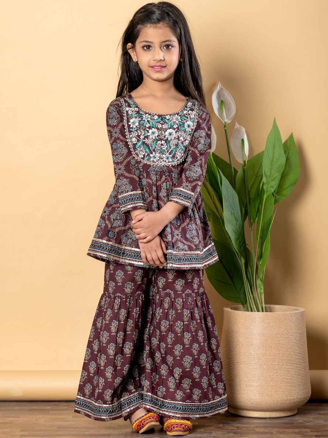 

Readiprint Girls Floral Printed Pure Cotton Anarkali Kurti With Sharara, Brown