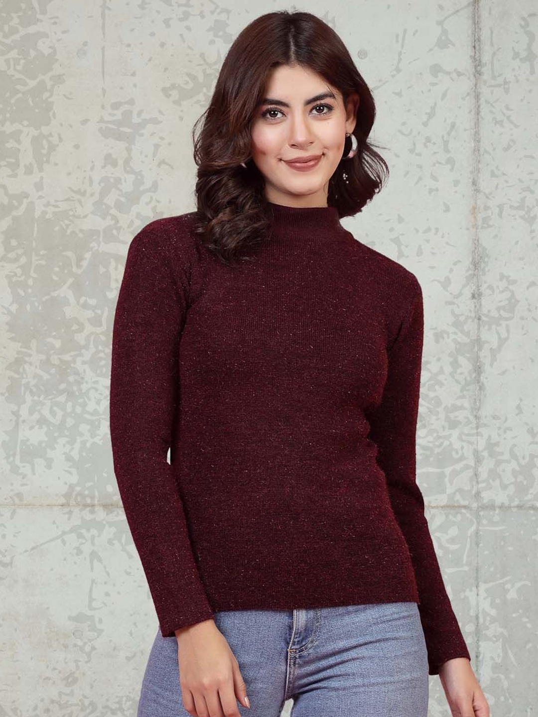 

Moda Rapido Women Ribbed High Neck Woollen Top, Burgundy