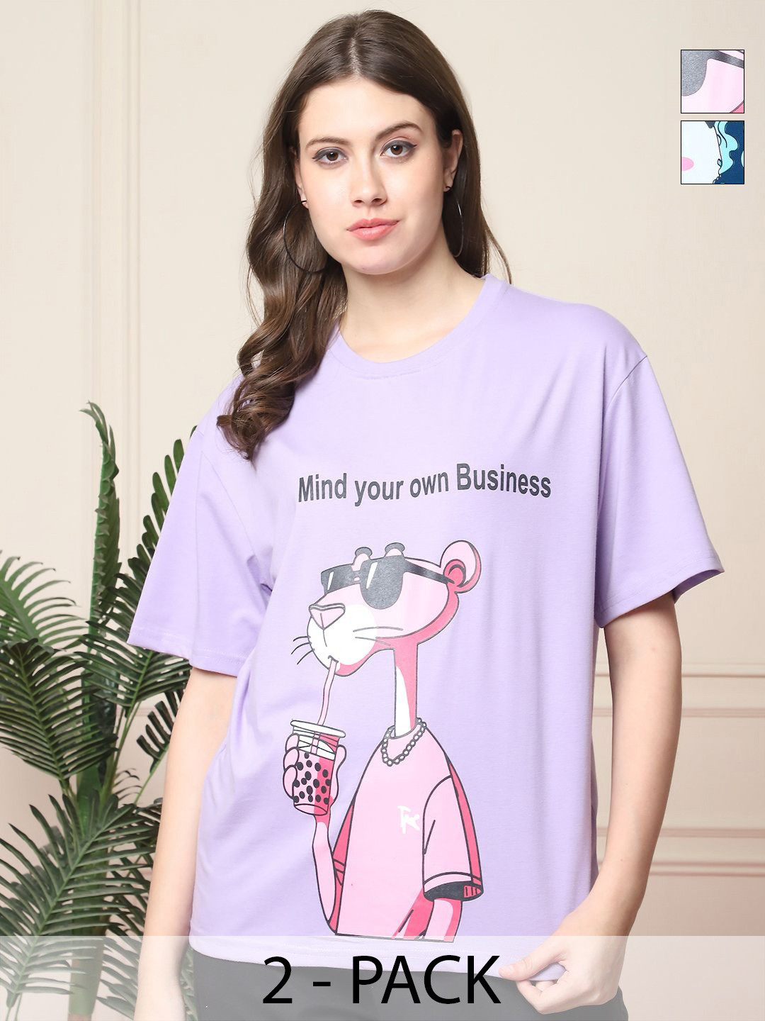 

Dreambe Women Pack Of 2 Graphic Printed Round Neck Cotton Oversized T-shirts, Lavender