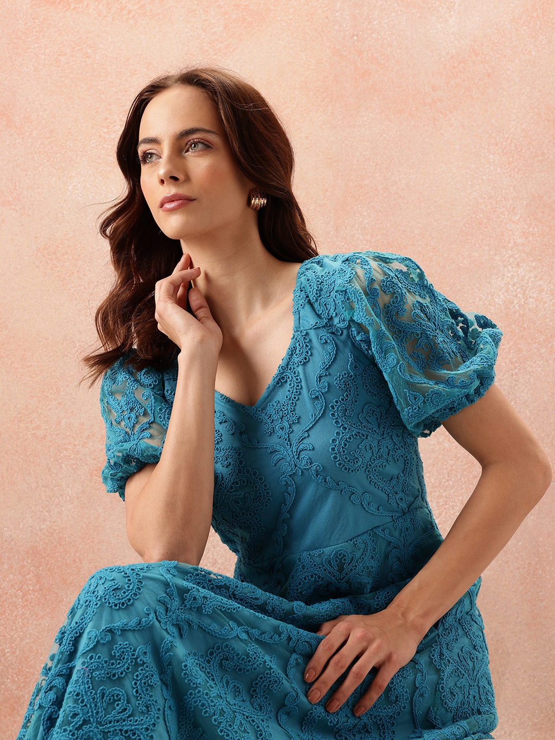 

all about you Floral Embroidered Puff Sleeve A-Line Midi Dress, Blue