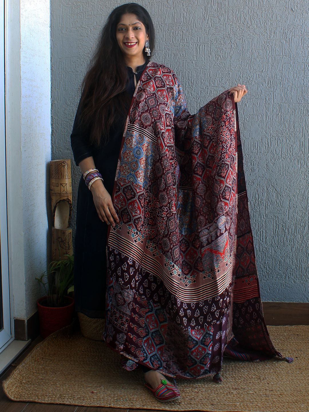 

Weaves of Tradition Ethnic Motifs Block Printed Modal Silk Dupatta With Patchwork, Maroon