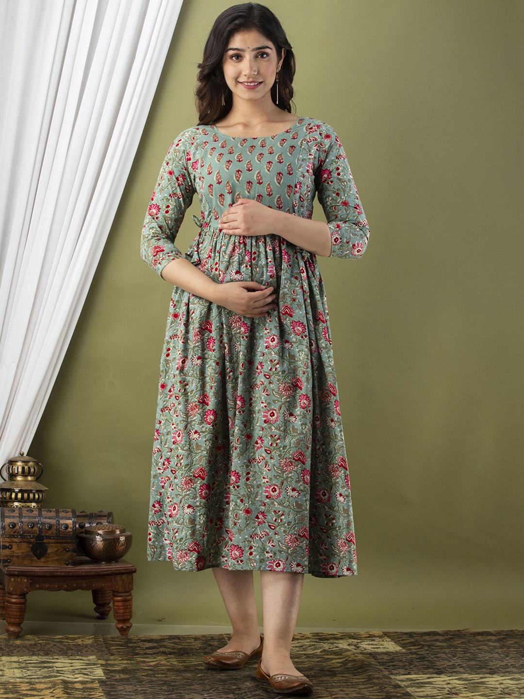 

SILAKIVA Floral Printed Gathered Fit and Flare Maternity Dress, Green