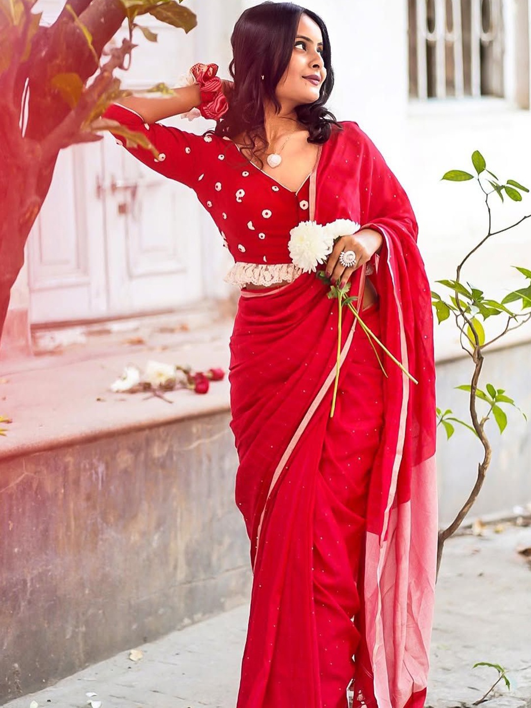 

MONRI Women Rose Embroidered V-Neck Cotton Saree Blouse, Red