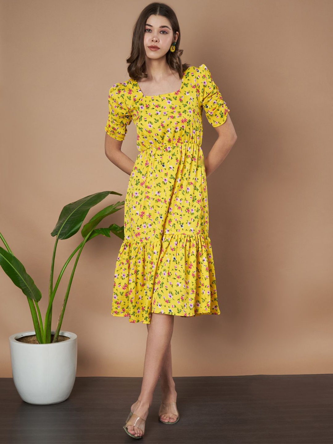 

Istyle Can Women Floral Print Puff Sleeve Crepe A-Line Midi Dress, Mustard