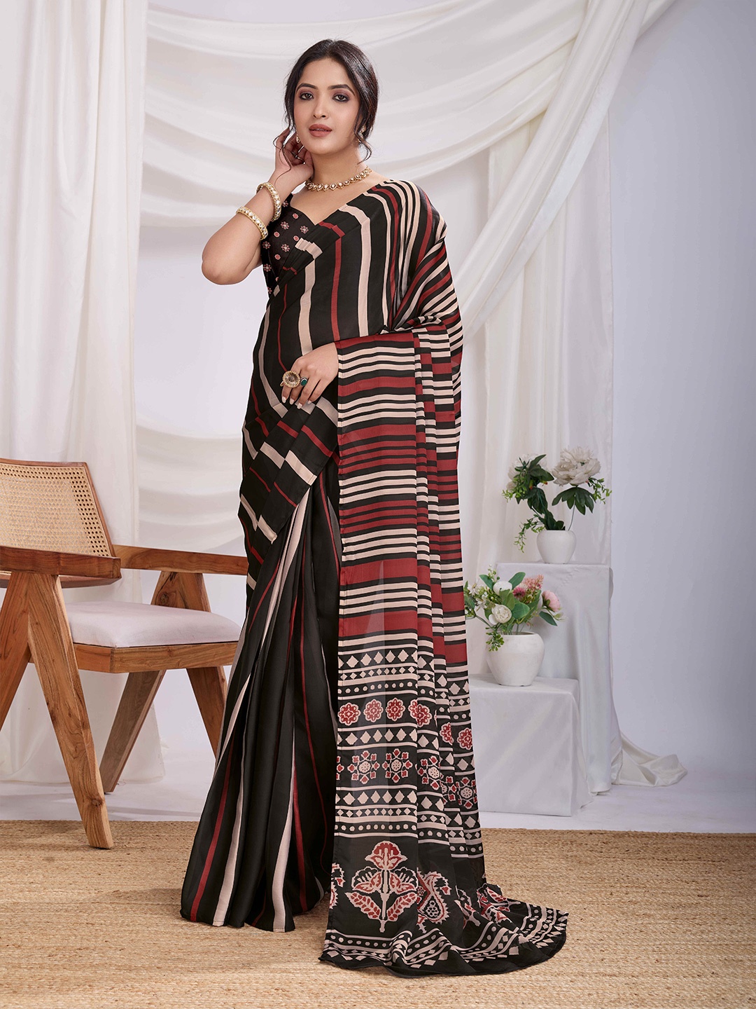 

Mitera Striped Satin Ready to Wear Saree, Red