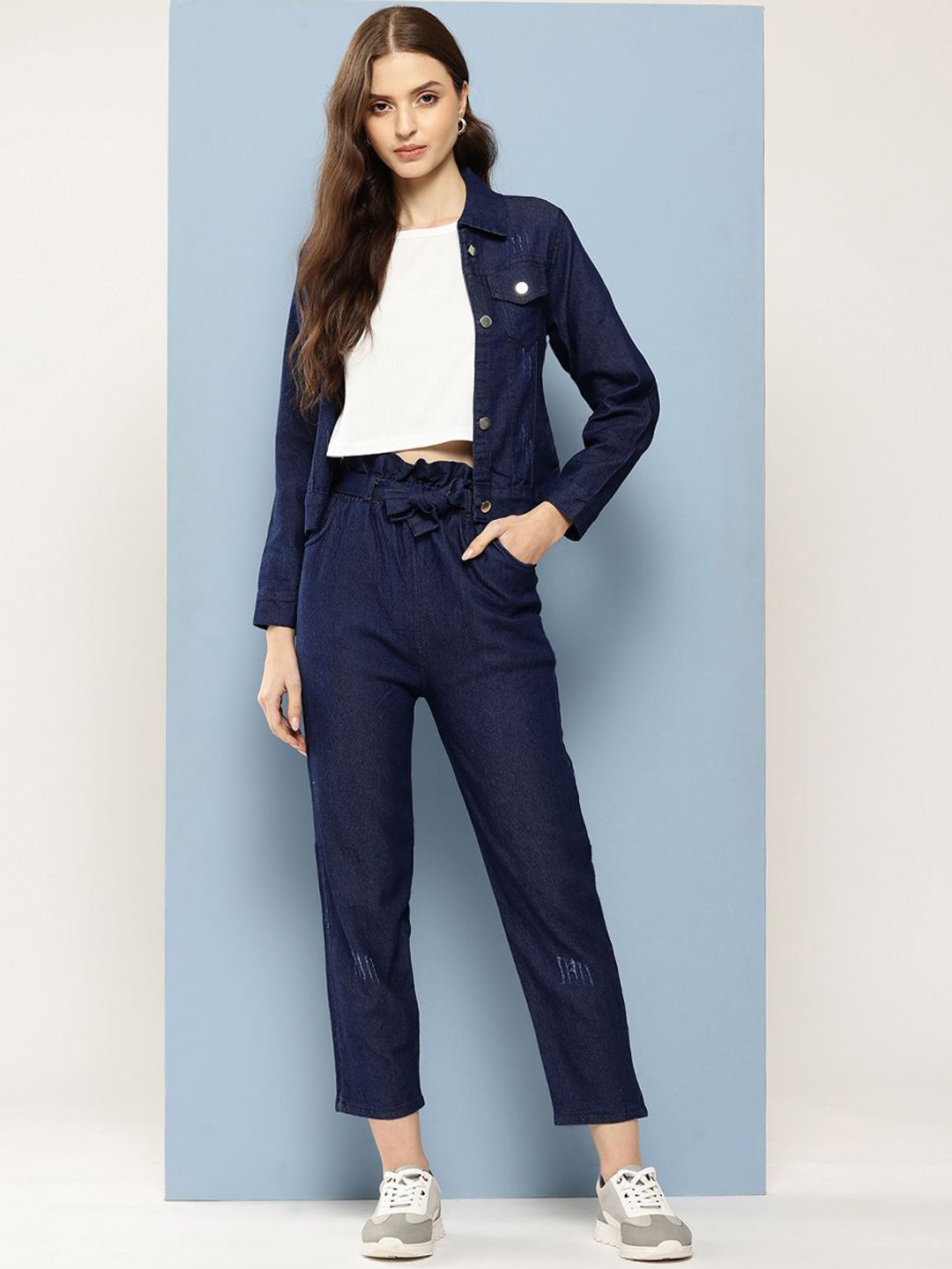 

CORSICA Round Neck Pure Cotton Top & Trousers With Jacket, Navy blue