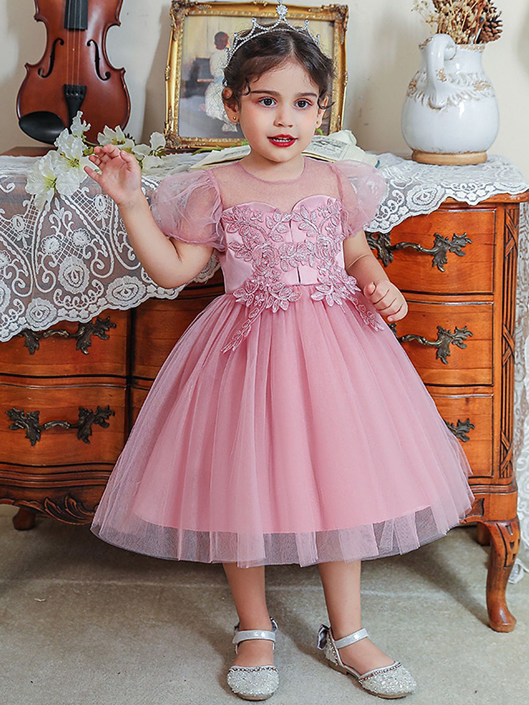 

LULU & SKY Girls Floral Self Design Fit & Flare Dress, Pink