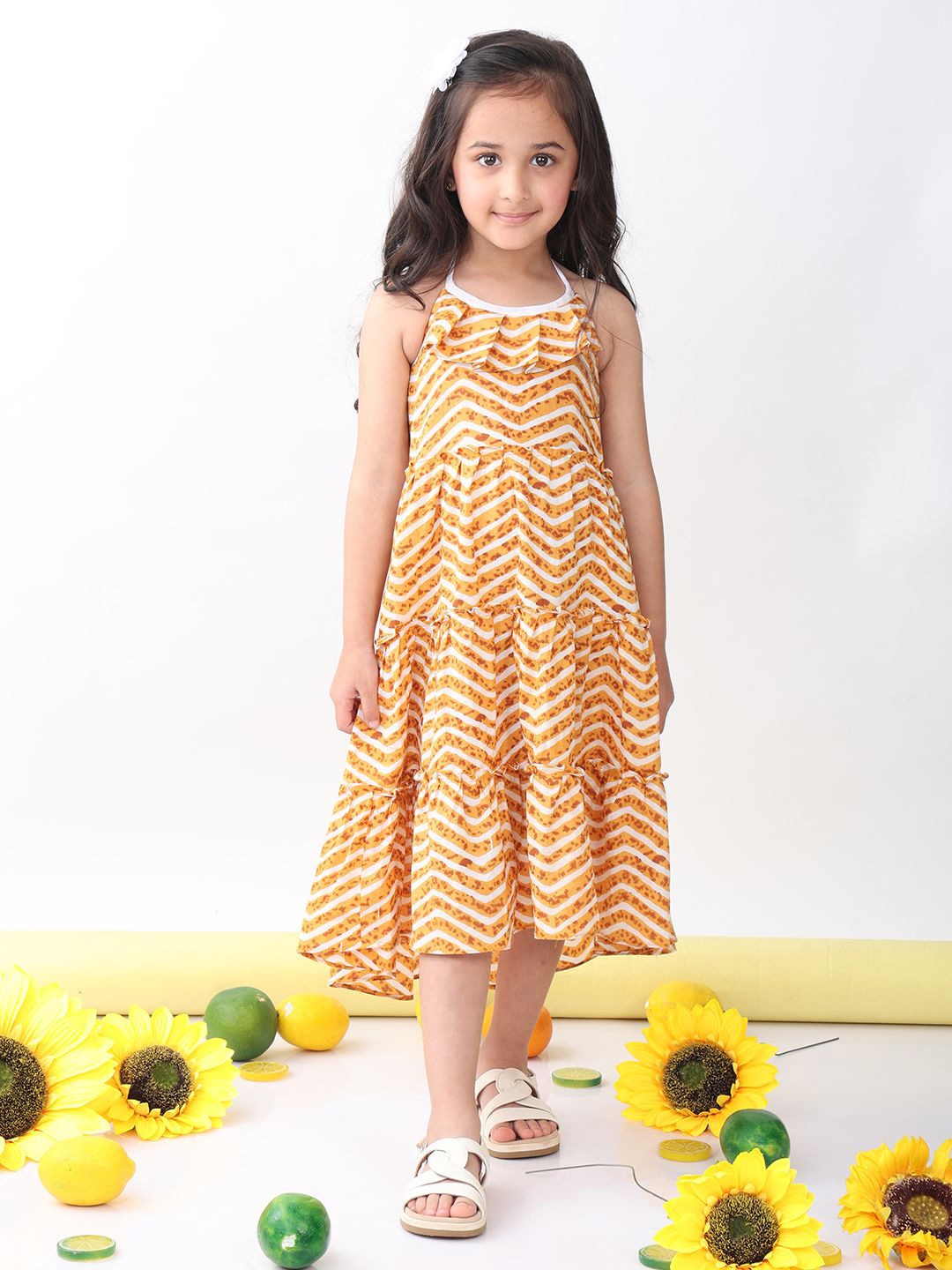 

Sangria Girls Printed Cotton Round Neck Dresses, Brown